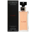 Calvin Klein Eternity Flame Eau De Parfum for Women bottle with elegant black and gold design, 100ml size visible.