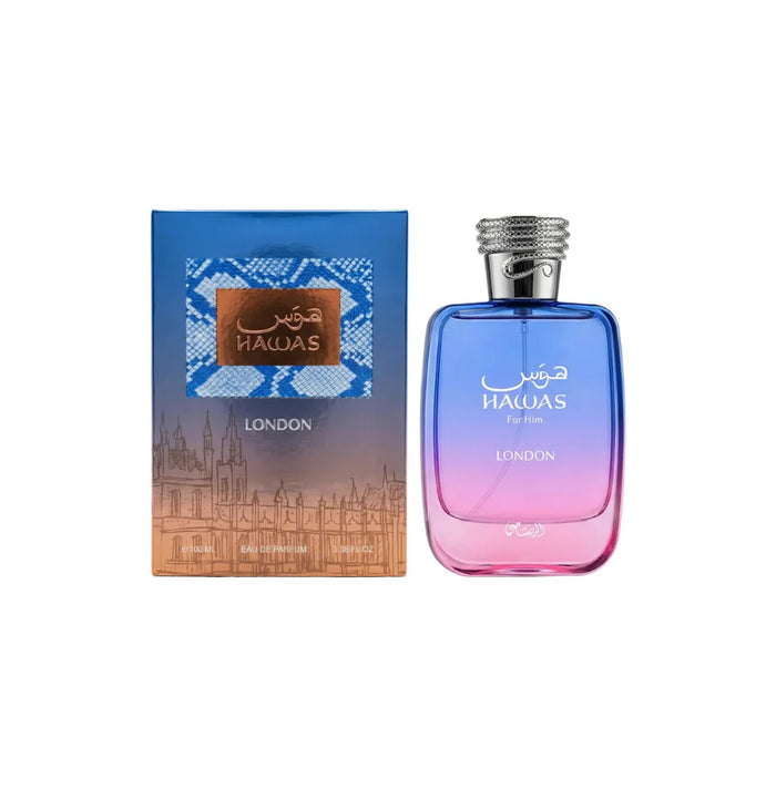 Rasasi Hawas London Eau De Parfum for men, 100ml bottle with sleek design and elegant fragrance presentation.