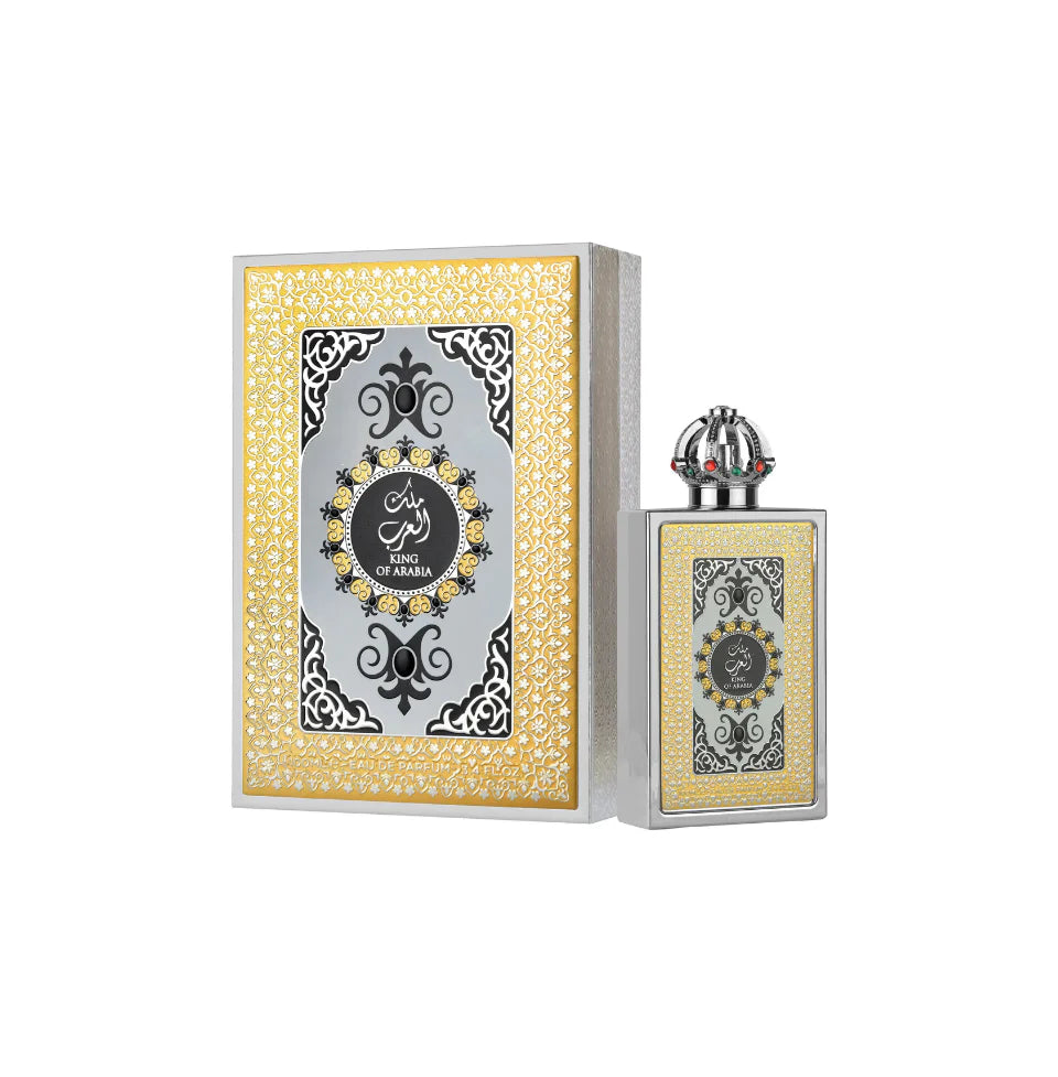 Lattafa King of Arabia Eau De Parfum for men, 100ml bottle with sleek design and elegant packaging.