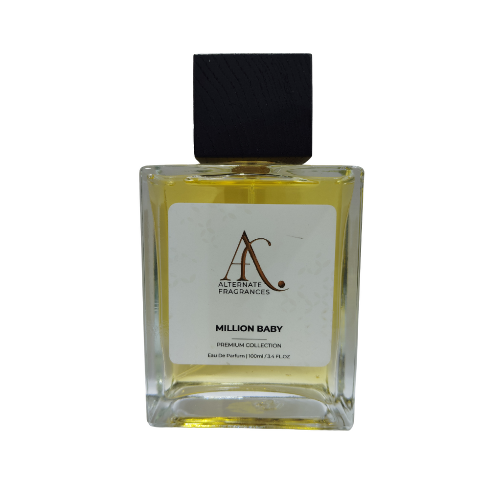 Million Baby EDP perfume bottle by Rini Deals, elegant glass container with a sleek design and floral fragrance accents.