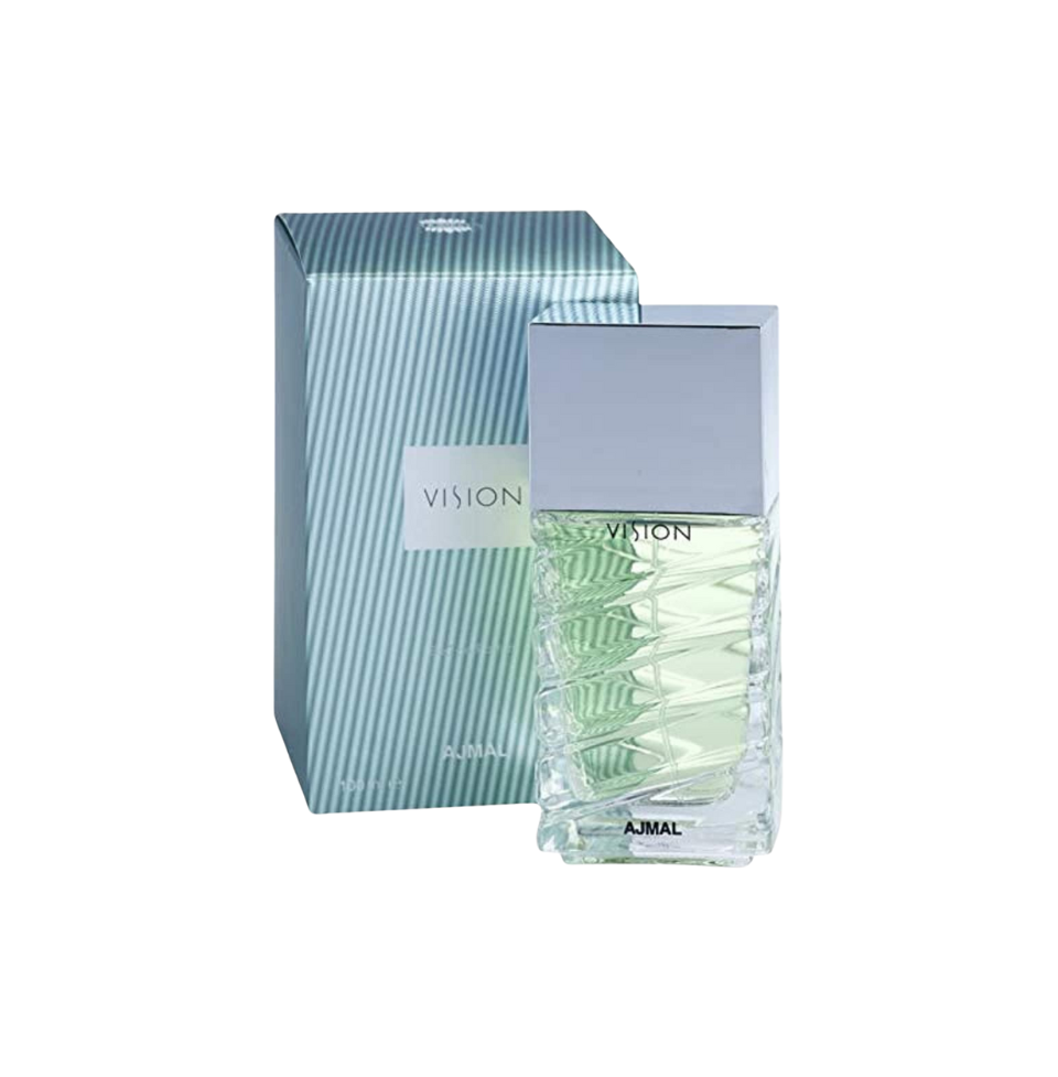 A clear, textured glass AJMAL VISION POUR HOMME Eau De Parfum 100ml for men sits beside its matching blue-green striped box—both featuring the AJMAL and VISION names, offering an elegant fragrance presentation.