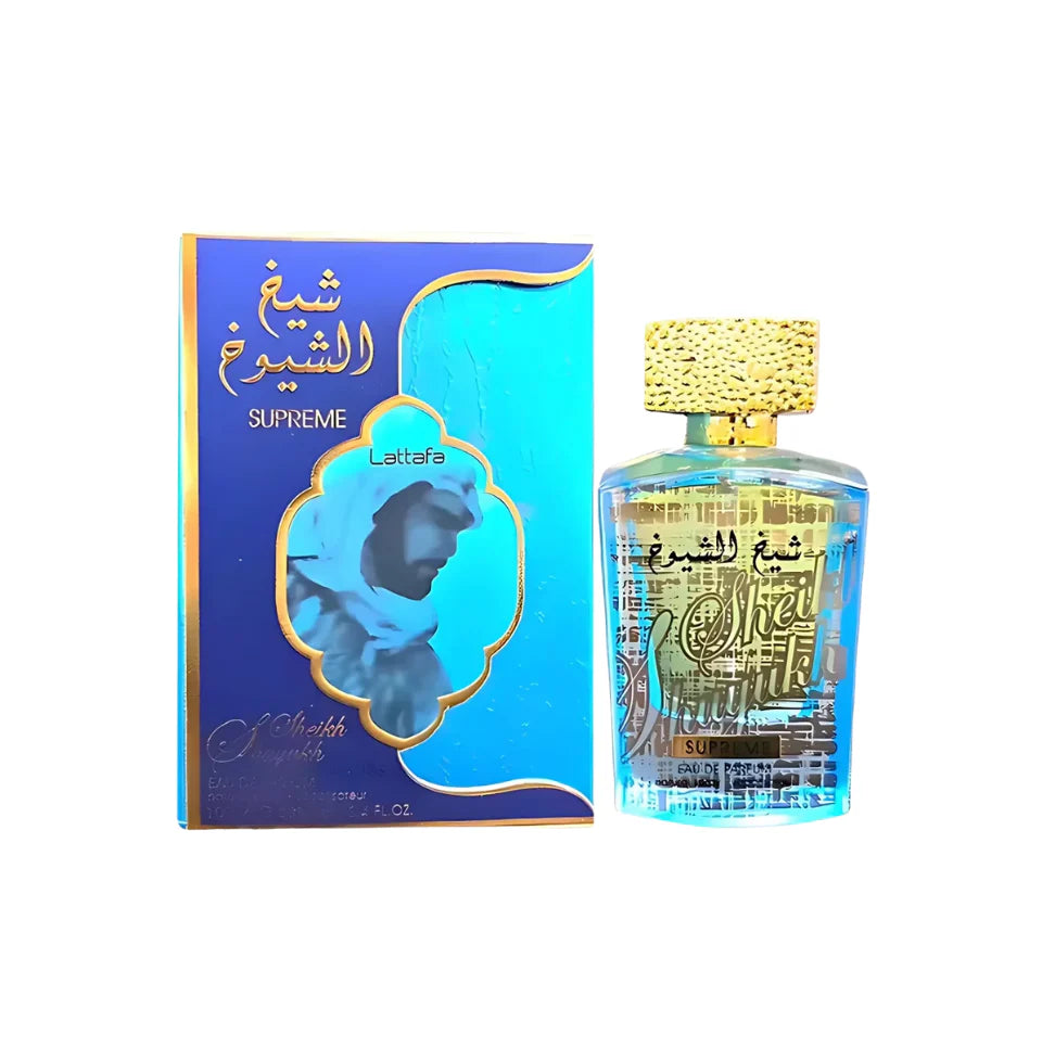 Lattafa Sheikh Al Shuyukh Supreme Eau De Parfum for men, 100ml bottle with elegant design and fragrance details.