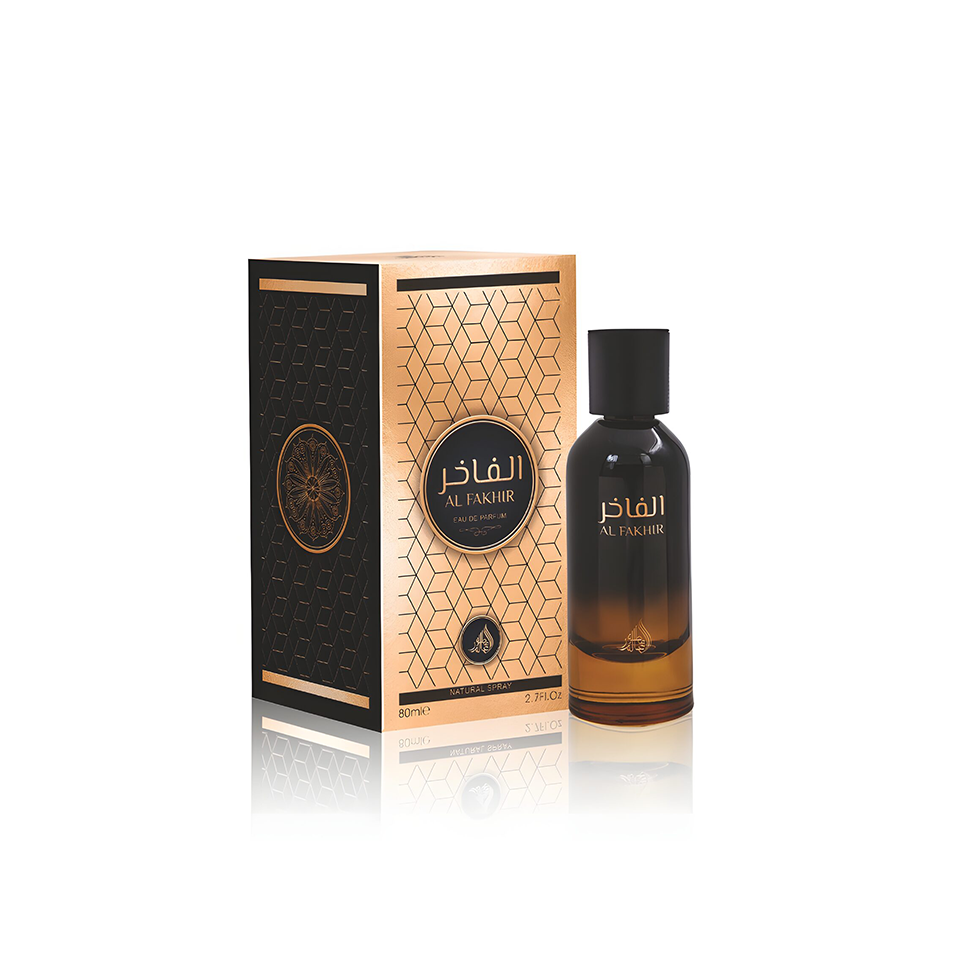 Fragrance World Al Fakhr Eau de Parfum for men and women, 80ml, elegant bottle with a sleek design and gold accents.