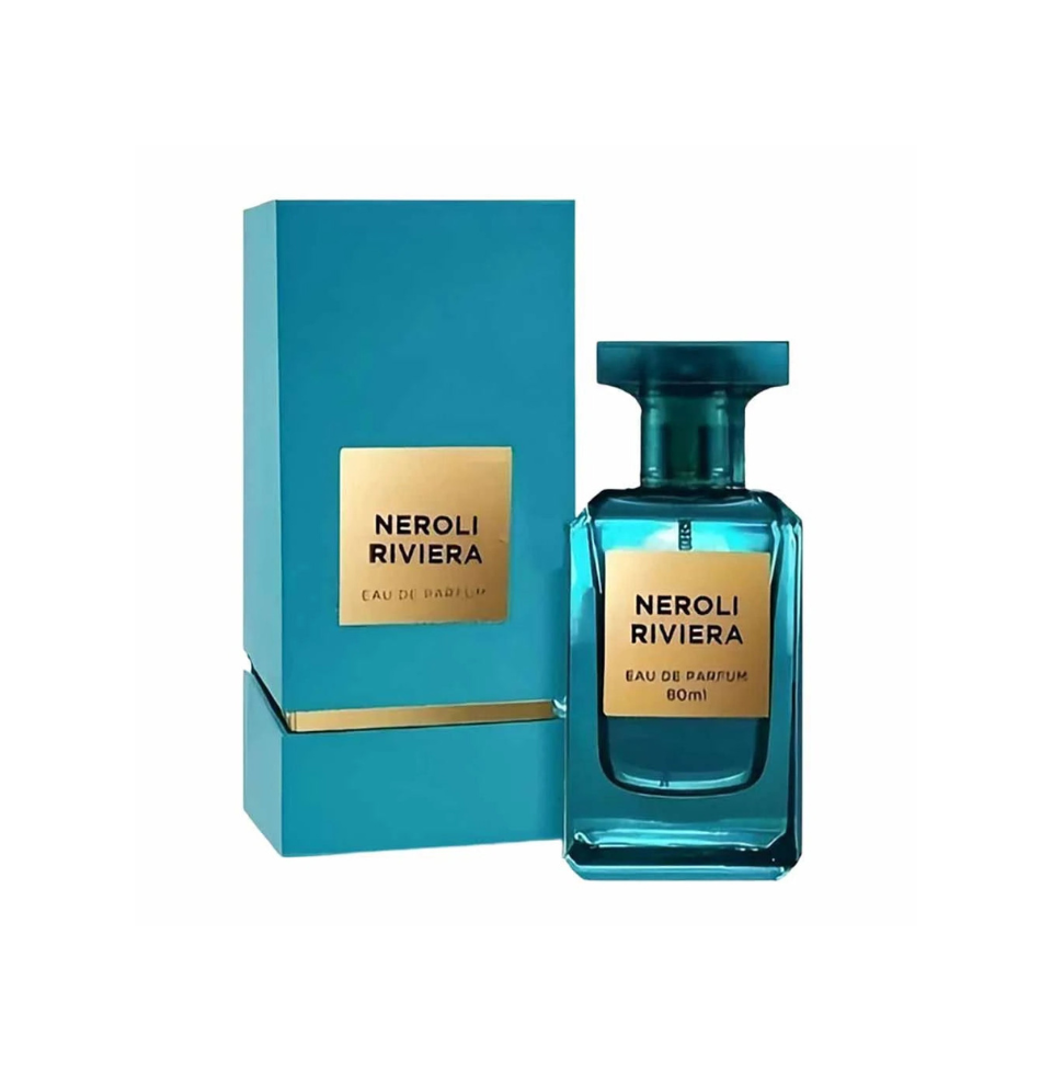 Fragrance World Neroli Riviera Eau de Parfum 80ml bottle with a sleek design, suitable for men and women.