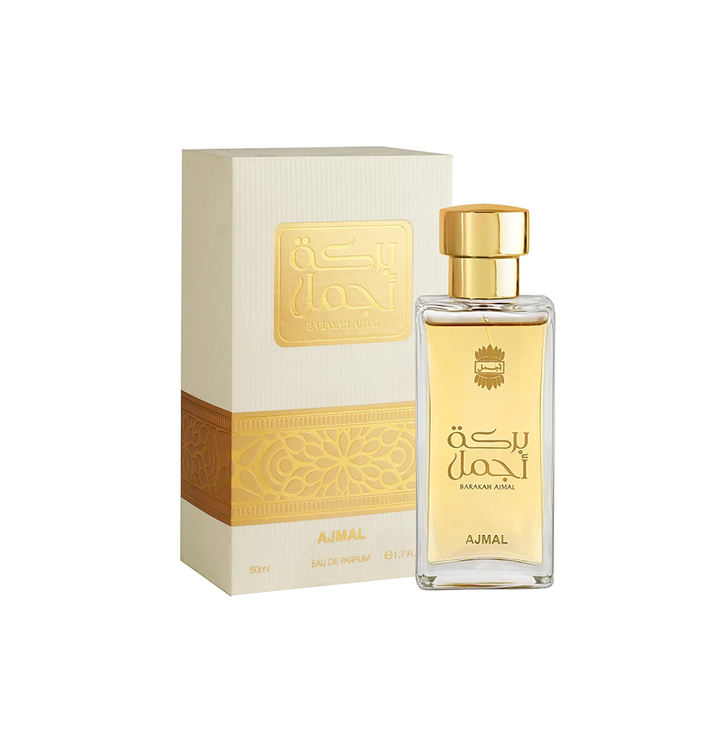 Ajmal Barakah Eau De Parfum for men and women, featuring a sleek glass bottle with a silver cap and elegant fragrance design.