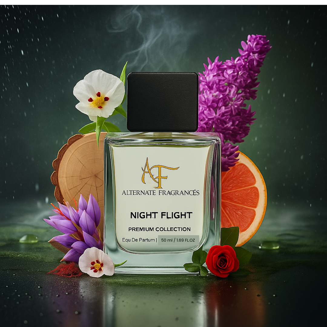 Night Flight EDP by Rini Deals, elegant perfume bottle with a sleek design, showcasing the fragrance's luxurious appeal.