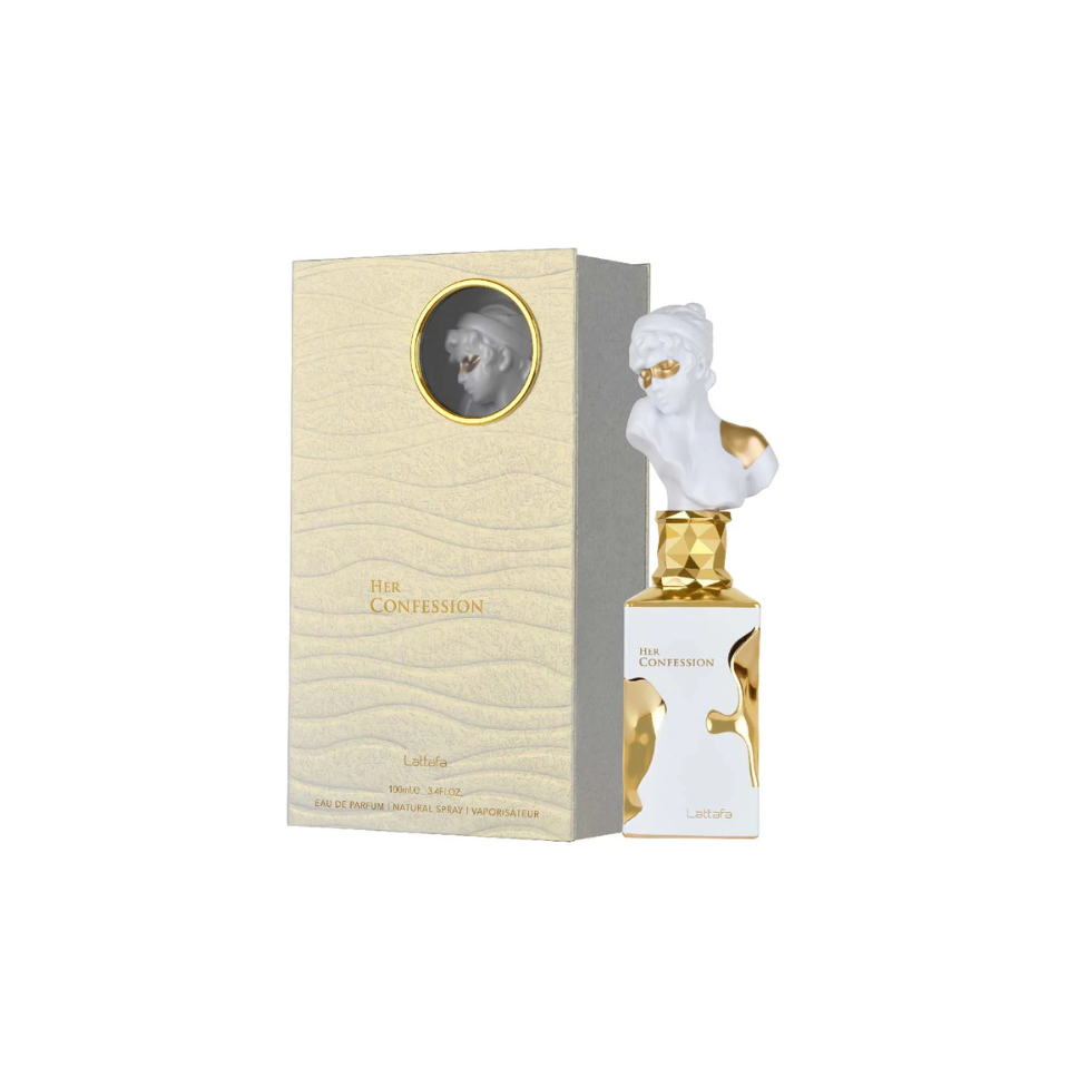 Lattafa Her Confession Eau De Parfum 100ml for women, elegant glass bottle with floral and fruity fragrance details