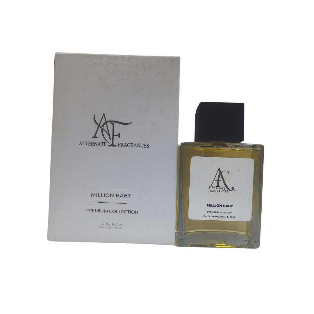 Elegant bottle of Million Baby EDP perfume by Rini Deals, with a sleek design and floral accents on the packaging.