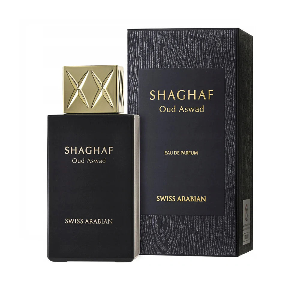 Swiss Arabian Shaghaf Oud Aswad Eau De Parfum 75ml bottle, sleek design, for men and women, with dark-colored fragrance liquid.