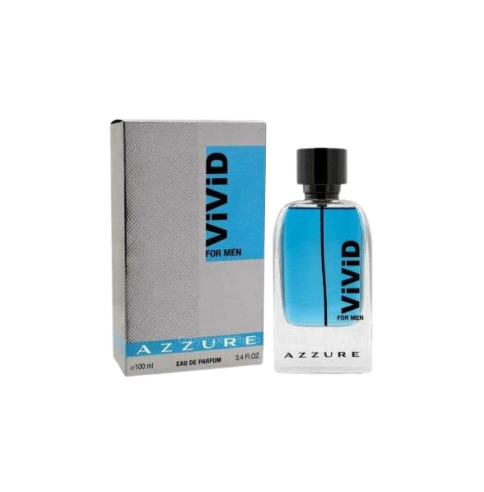 Fragrance World Vivid Azzure Eau de Parfum for Men, 100ml bottle with sleek blue design and elegant cap.