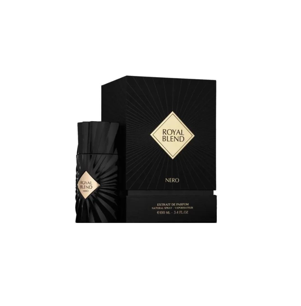 Fragrance World Royal Blend Nero men’s extrait de parfum bottle, 100ml, with sleek black and gold design.