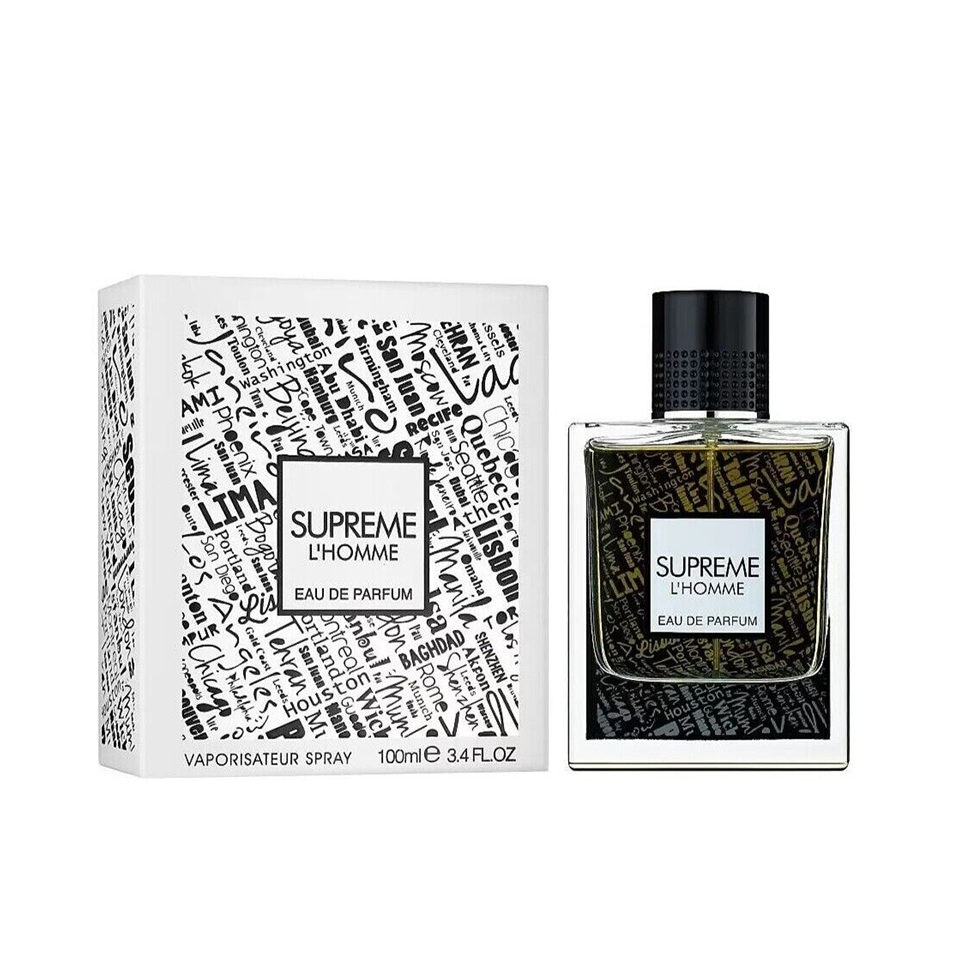 Fragrance World Supreme L'Homme Eau de Parfum bottle for men, 100ml with sleek design and elegant branding.