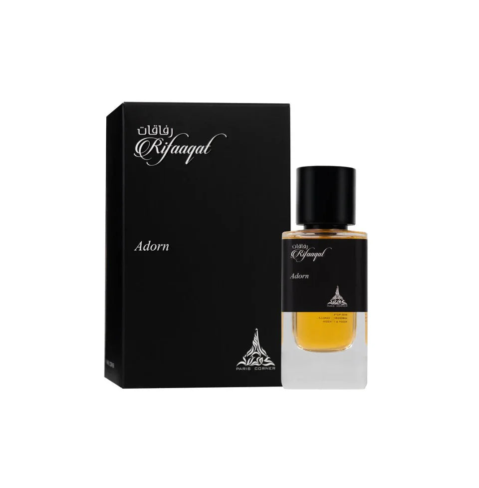 Paris Corner Rifaaqat Adorn Eau De Parfum 85ml for men and women, stylish bottle with elegant design and fragrance details.