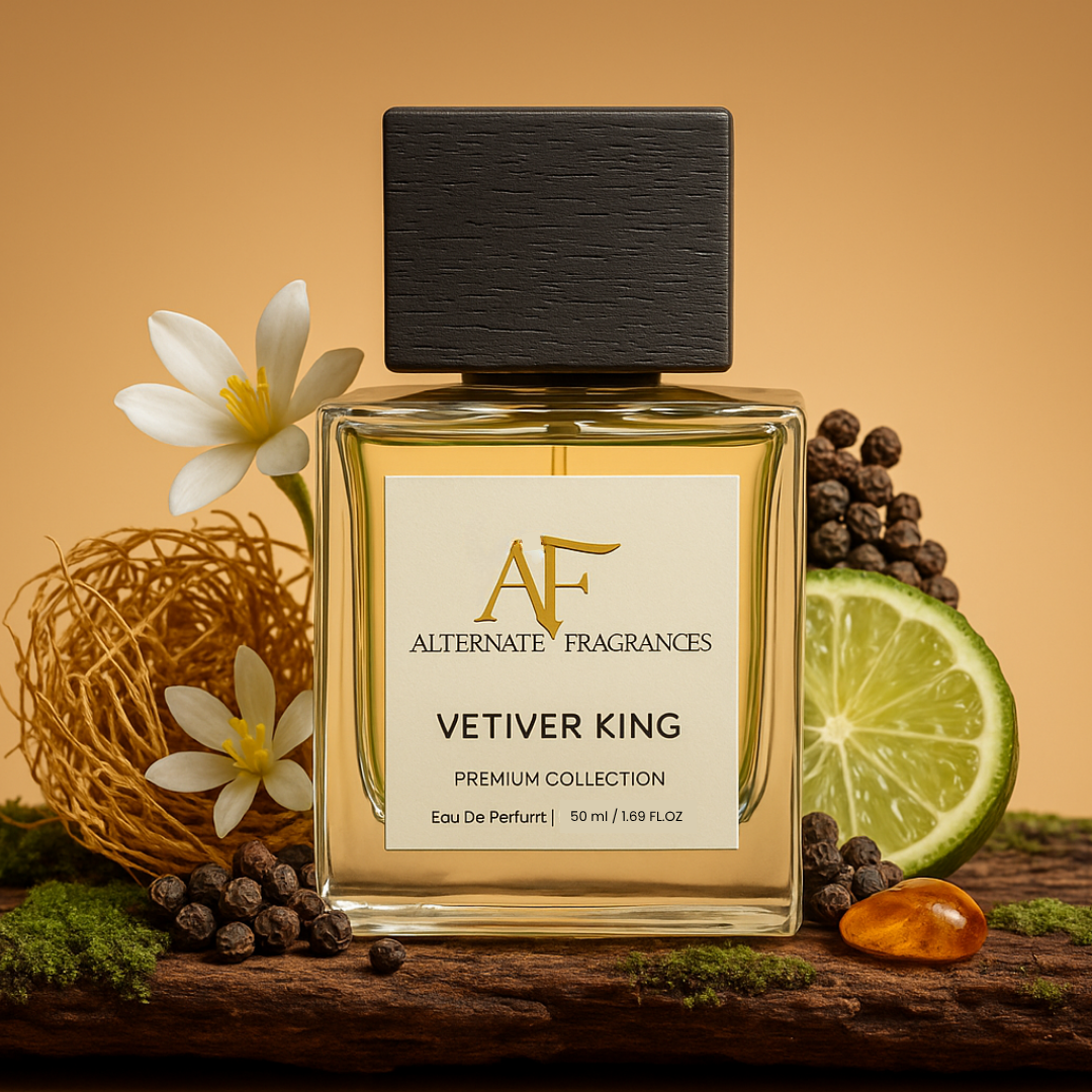 Rini Deals Vetiver King EDP 50ml bottle with elegant packaging and natural green and gold accents.