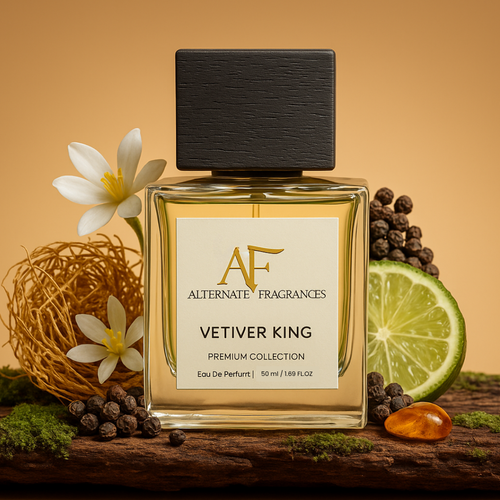 Rini Deals Vetiver King EDP 50ml bottle with elegant packaging and natural green and gold accents.