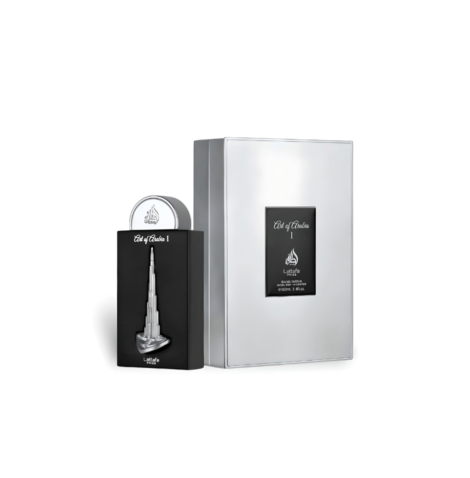 Lattafa Pride Art of Arabia I Eau De Parfum 100ml bottle for men and women with elegant packaging and floral design.