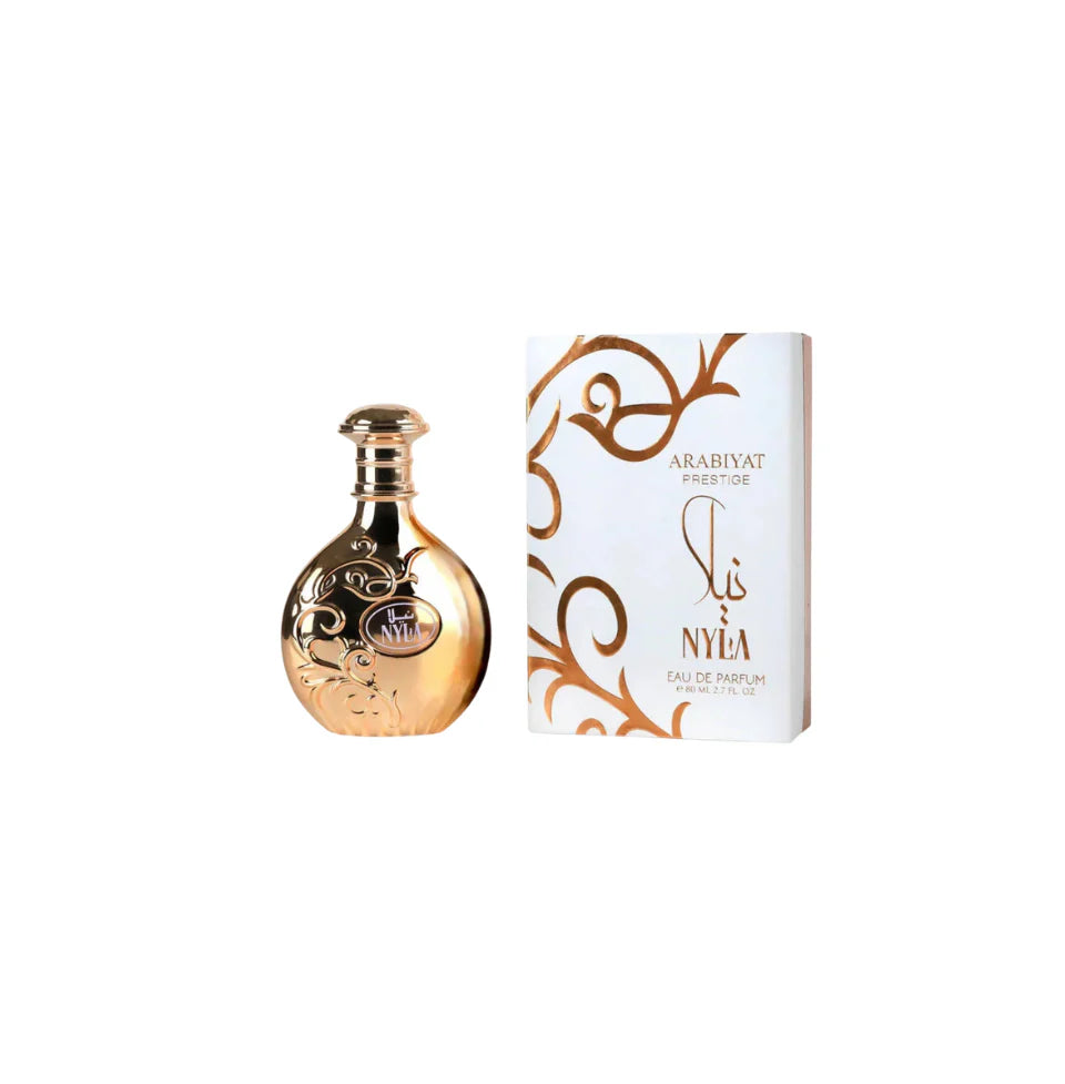 Arabiyat Prestige Nyla Eau De Parfum 80ml bottle for men and women, showcasing elegant glass design with fragrance details.