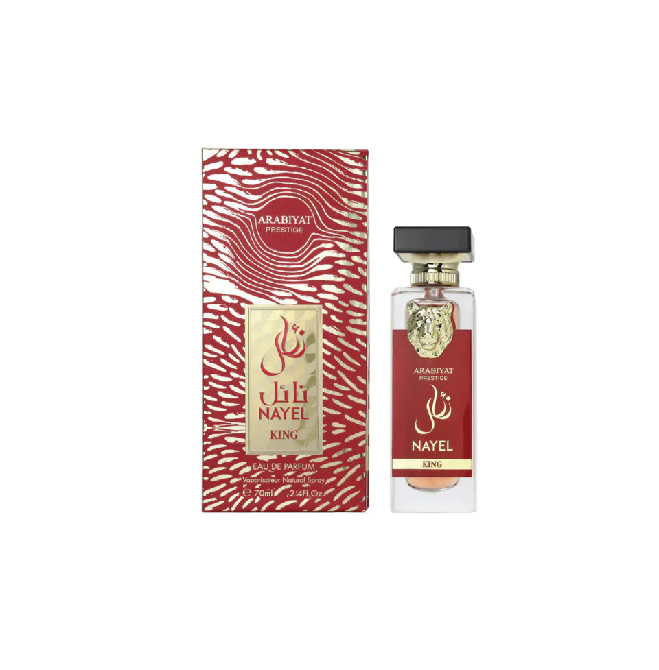 Arabiyat Prestige Nayel King Eau De Parfum 70ml for men, featuring elegant bottle design and luxurious scent profile.