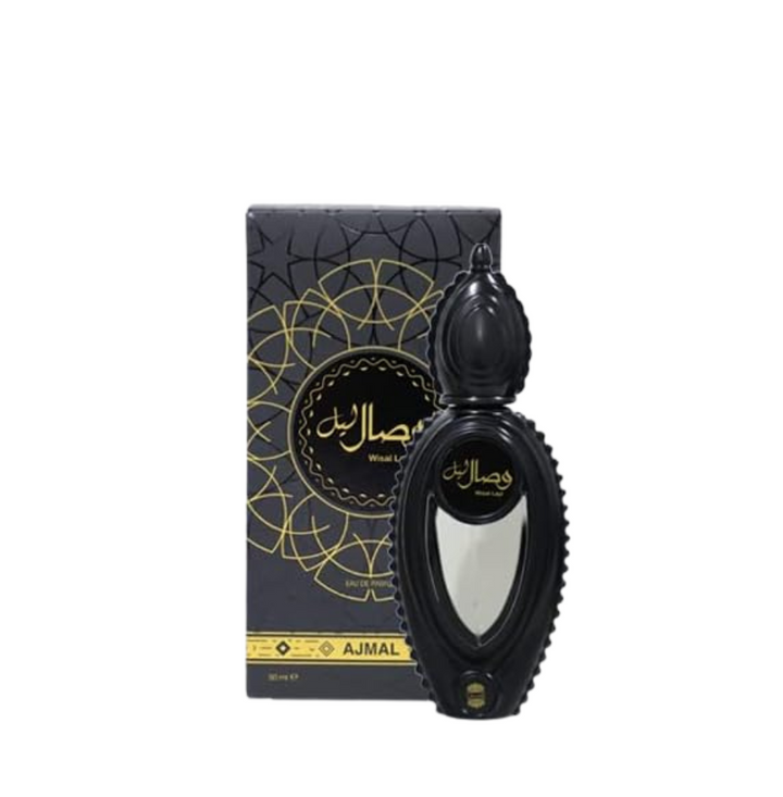 Ajmal Wisal Layl Eau De Parfum bottle for men and women with elegant packaging and floral, woody fragrance accents.