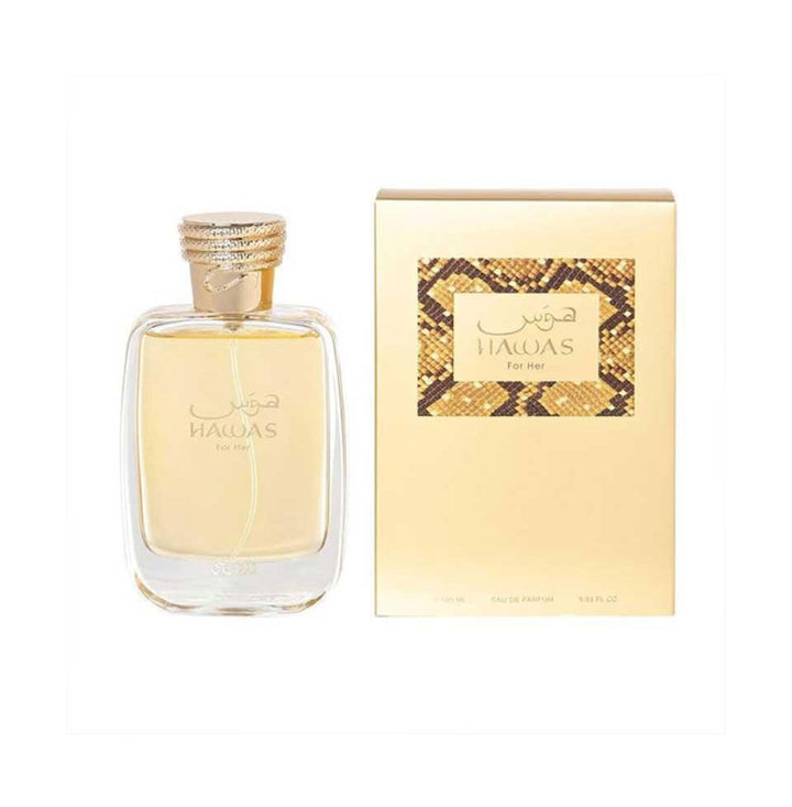 Rasasi Hawas Eau De Parfum for Women 100ml bottle with floral and fruity fragrance, elegant glass bottle design