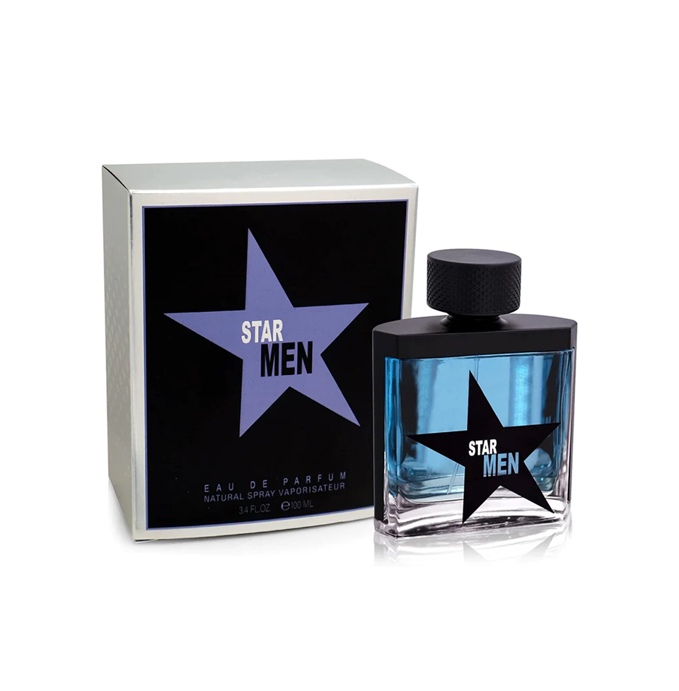 Fragrance World Star Men Eau de Parfum 100ml bottle with sleek black and gold design for men.