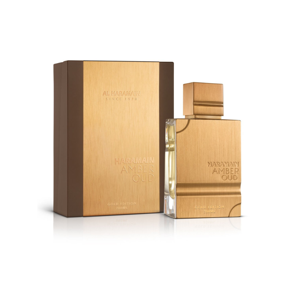 Al Haramain Amber Oud Gold Edition perfume bottle for men and women, 200ml, with elegant gold accents and a luxurious design.