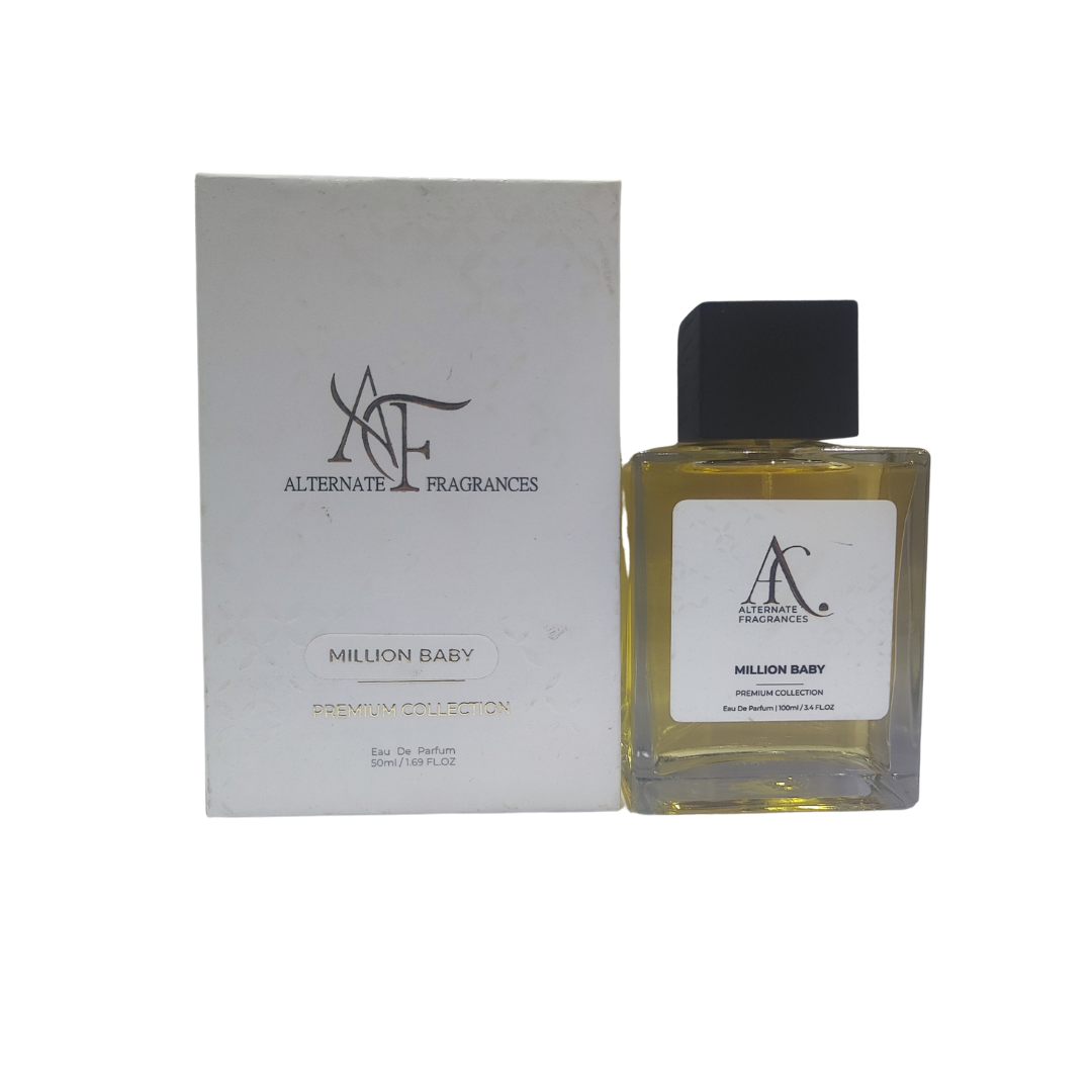 Million Baby EDP by Rini Deals, a glass perfume bottle with a sleek design and gold accents, displayed on a neutral background.