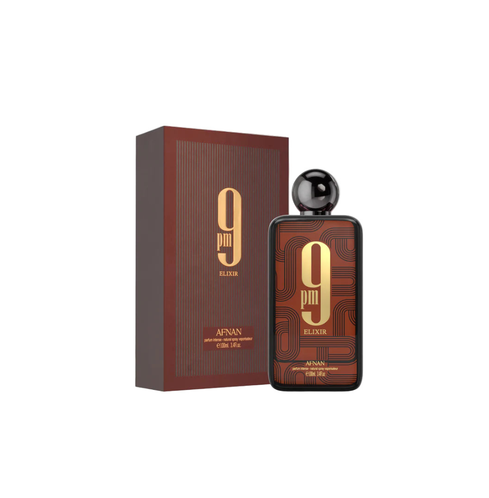 Afnan 9pm Elixir Extrait De Parfum for men, 100ml bottle, featuring elegant packaging and a sleek design.