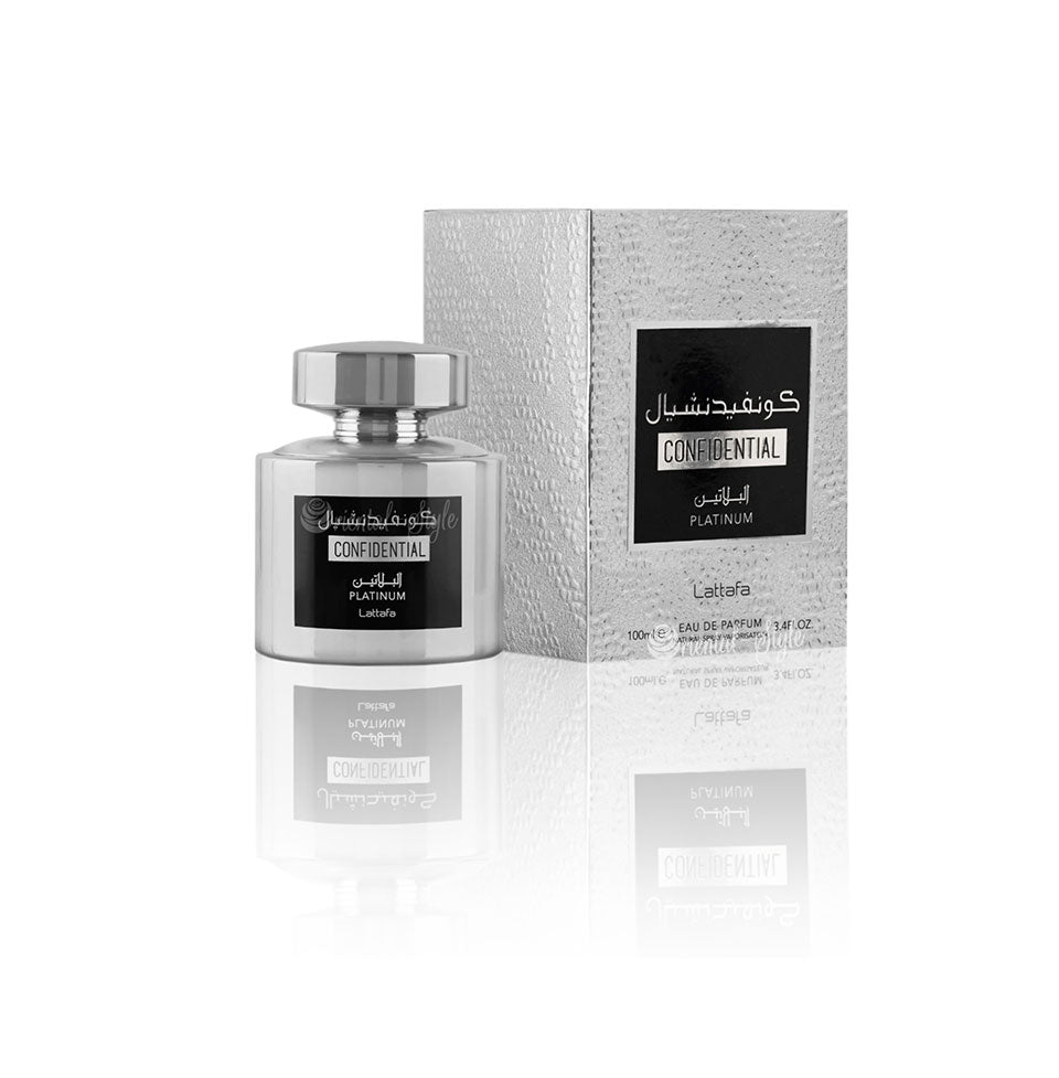 Lattafa Confidential Platinum 100ml unisex perfume bottle with sleek silver cap and elegant packaging.