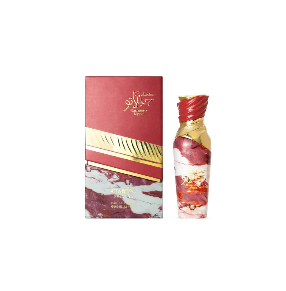 Arabiyat Prestige Gelato Raspberry Ripple Eau De Parfum for women in 100ml bottle, featuring raspberry and floral notes.