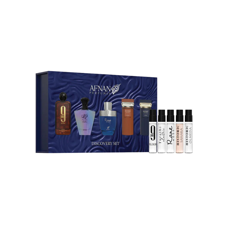 Afnan Discovery Set for Men from the 2025 New Release Series, featuring multiple fragrance bottles in a sleek presentation.