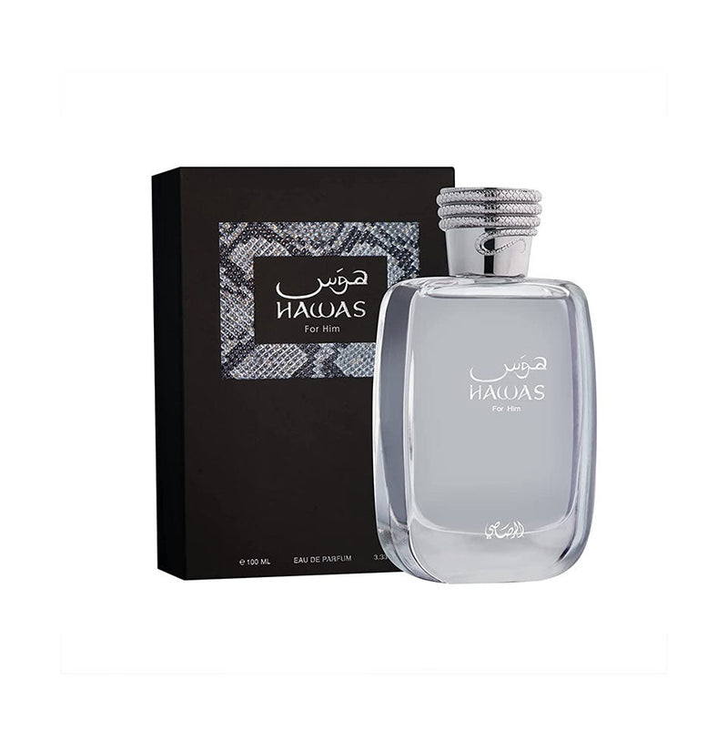 Rasasi Hawas For Him Eau de Parfum 100ml bottle, sleek design, with fragrance details visible on the label.