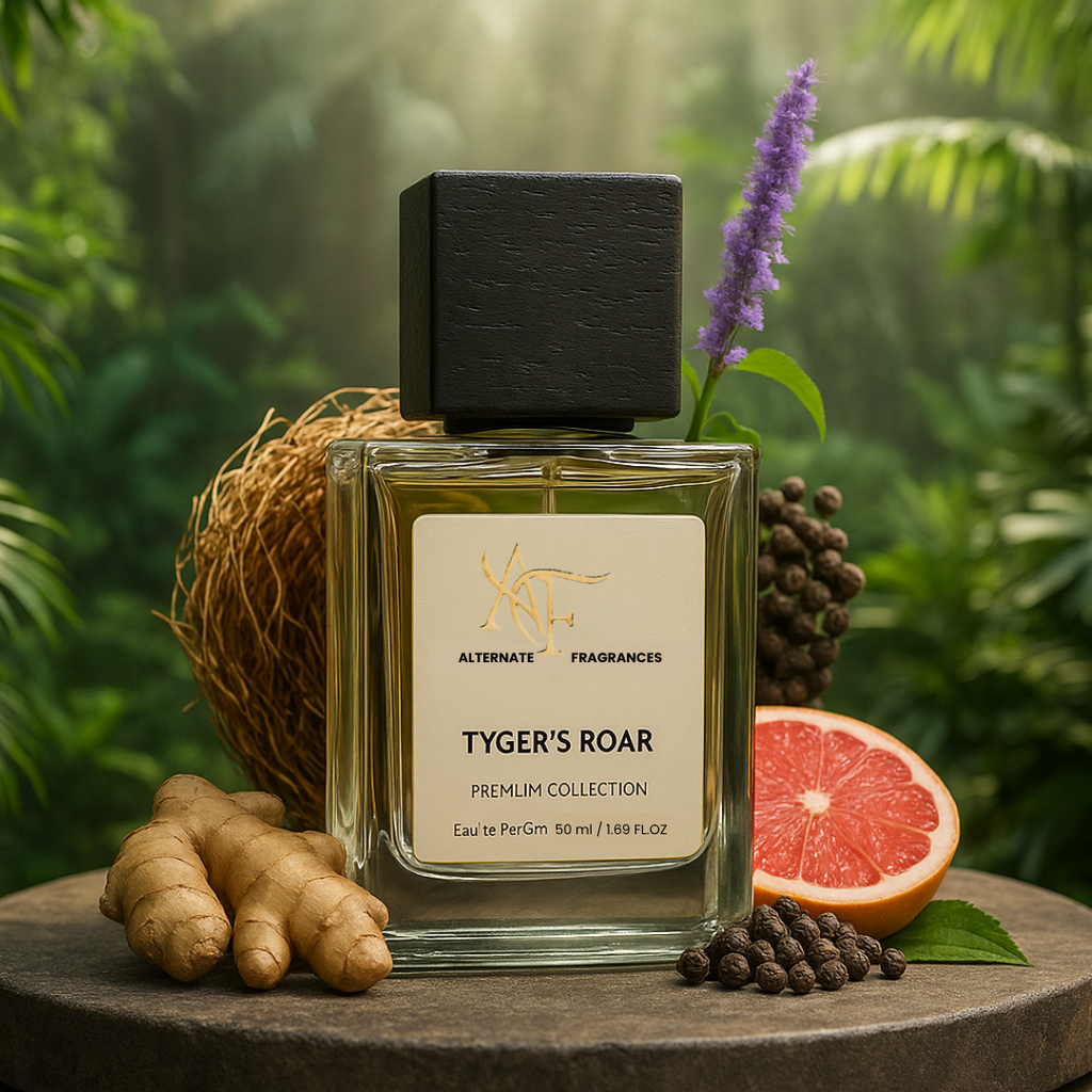 Elegant bottle of Tyger's Roar Eau de Parfum by Rini Deals with a sleek design and vibrant label.