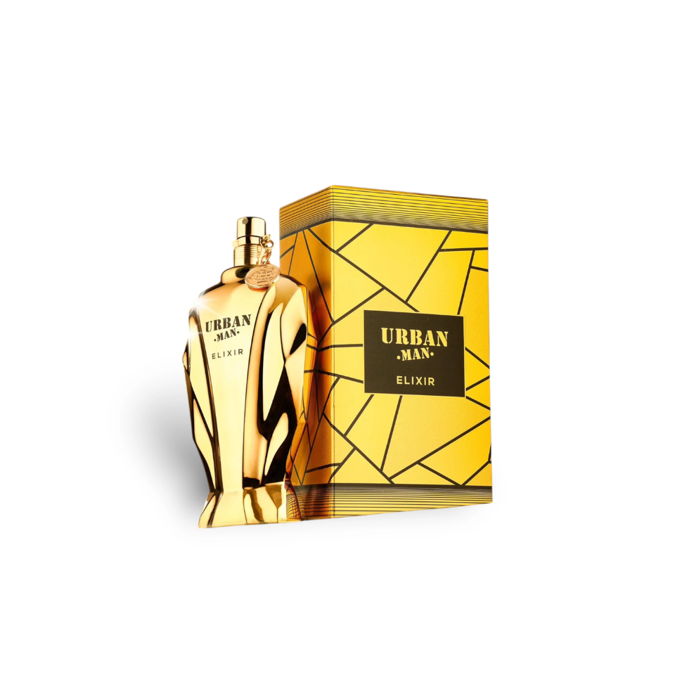 Fragrance World Urban Man Elixir Eau de Parfum 100ml bottle for men, sleek design, and modern fragrance packaging.