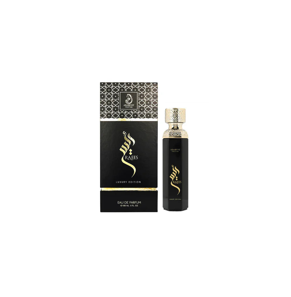 Arabiyat Prestige Raees luxury Eau de Parfum for men, featuring elegant bottle design and rich fragrance, 180ml by Rini Deals.