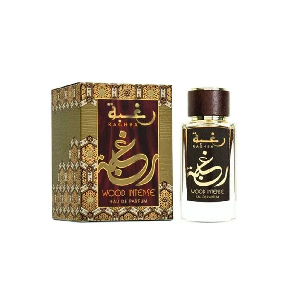 Lattafa Raghba Wood Intense Eau de Parfum 100 ml bottle for men and women, featuring a sleek design and dark fragrance liquid.