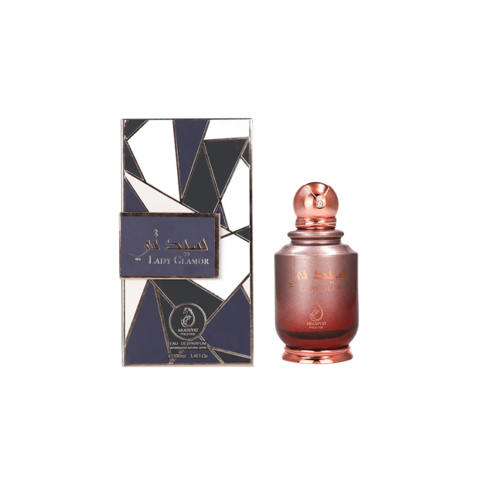 Arabiyat Prestige Lady Glamor Eau De Parfum 100ml for women, featuring elegant glass bottle with floral and oriental fragrance details.
