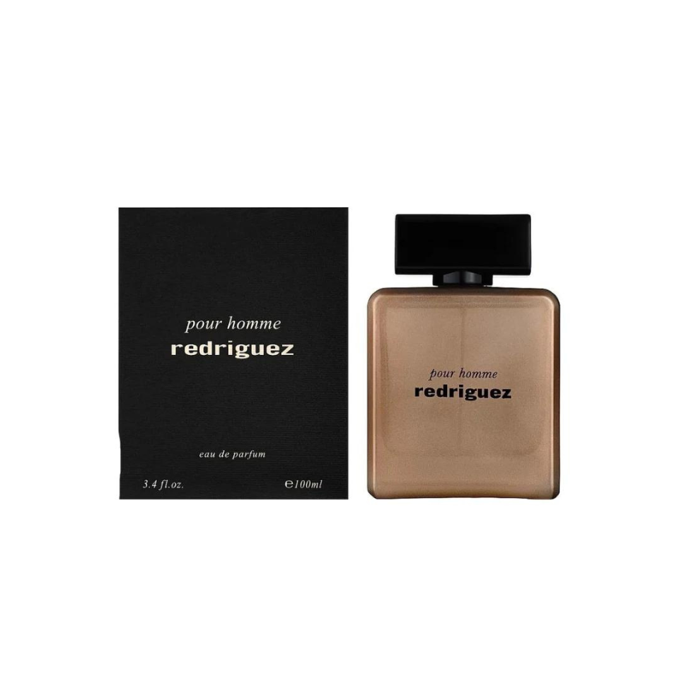 Fragrance World RedRiguez Pour Homme Eau de Parfum 100ml bottle with sleek design for men's fragrance.