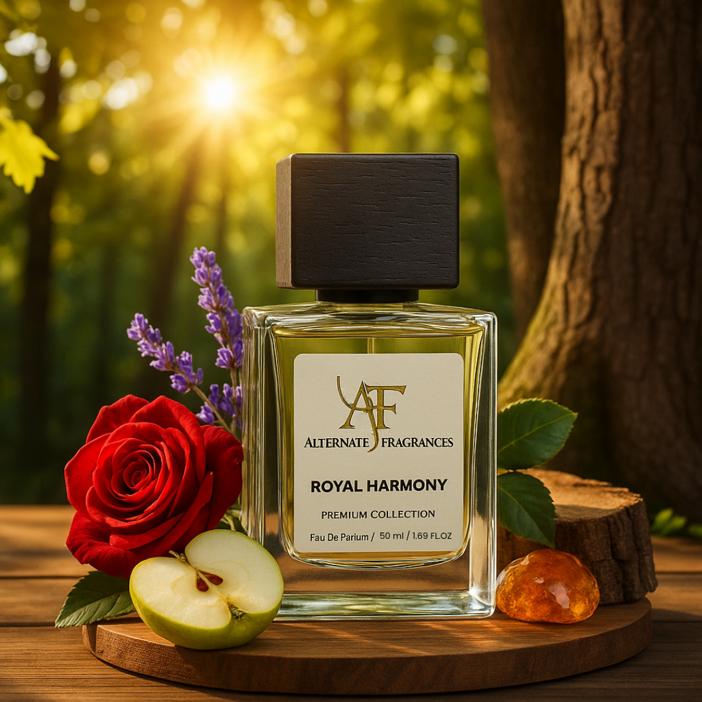Royal Harmony EDP perfume bottle by Rini Deals, elegant glass container with floral fragrance design.
