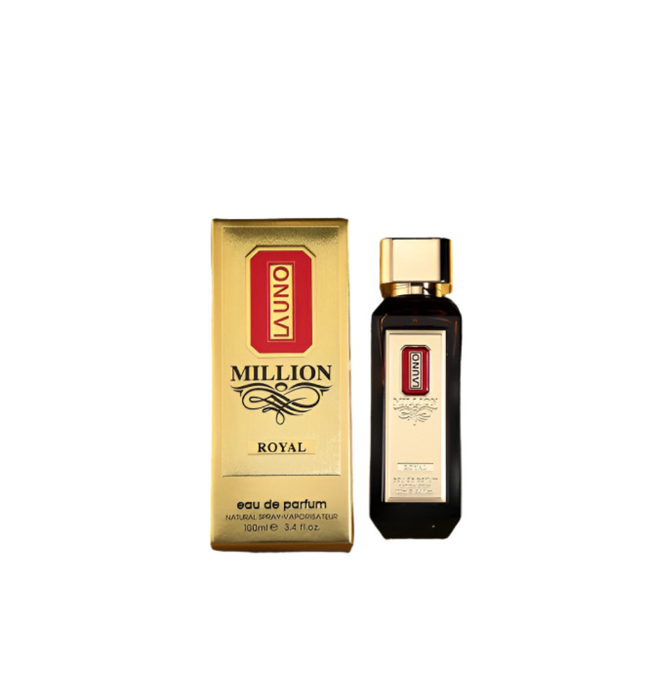 Fragrance World Launo Million Royal Eau de Parfum for Men, 100ml bottle with sleek design and gold accents.