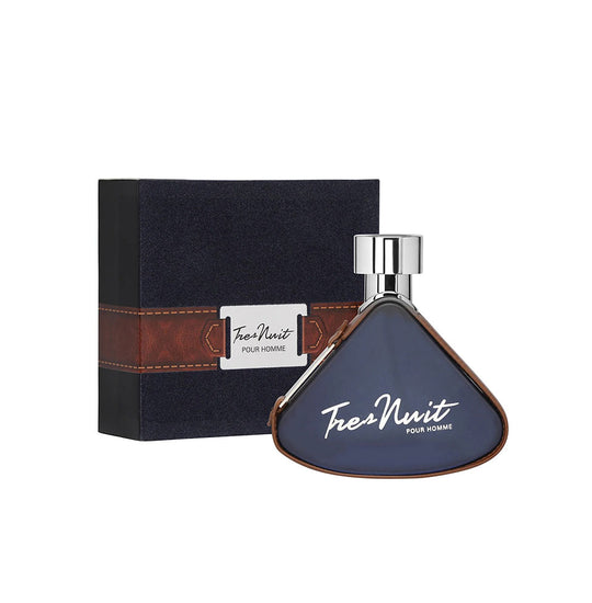 Armaf Tres Nuit Pour Homme Eau De Parfum for men, 100ml bottle, sleek black fragrance bottle with silver accents.