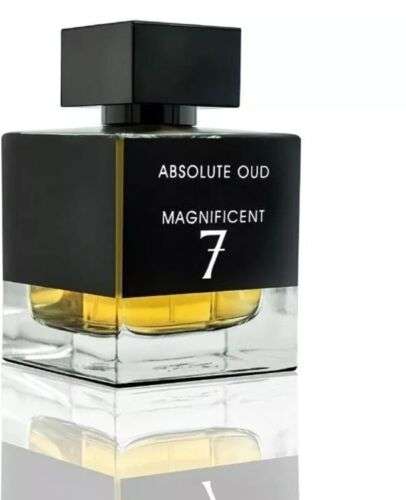 Fragrance World Absolute Oud Magnificent 7 Eau de Parfum 100ml bottle for men and women, elegant glass bottle with a dark fragrance.