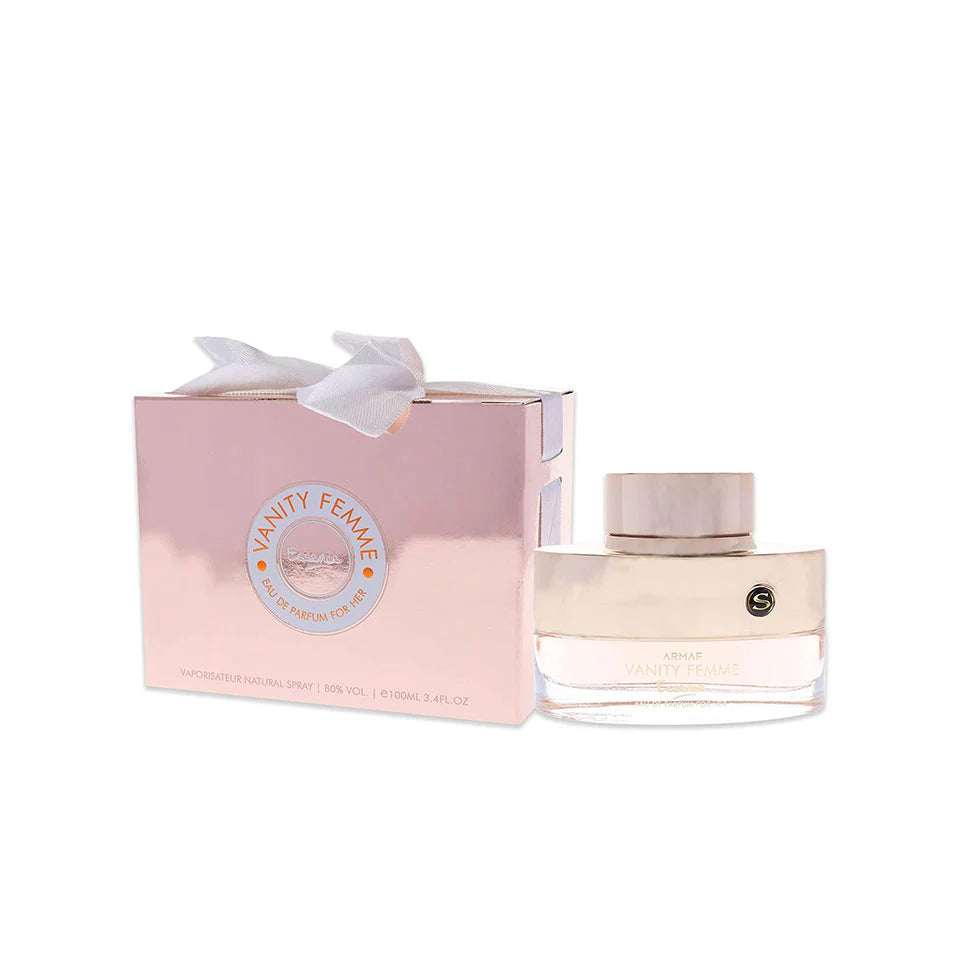 Armaf Vanity Femme Essence Eau De Parfum for women, 100ml bottle with elegant floral design and clear glass showcasing the perfume inside.