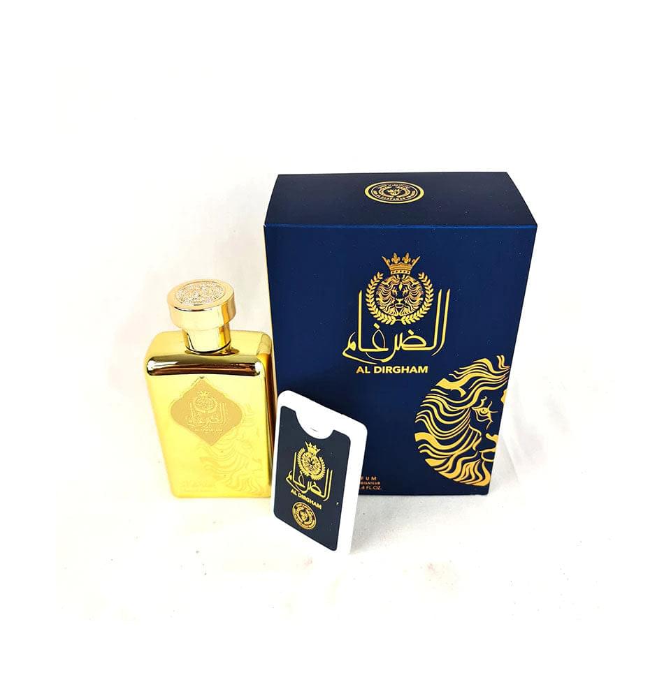 Ard Al Zaafaran AL Dirgham perfume bottle with elegant design, 100 ml for men and women, showcasing the fragrance's luxurious packaging.