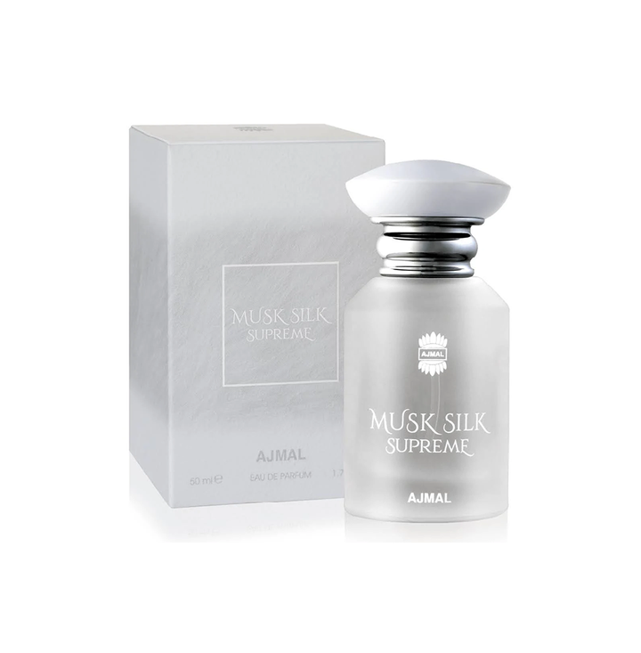 Ajmal Musk Silk Supreme Eau De Parfum bottle with elegant design, suitable for men and women, showcasing the luxurious fragrance.