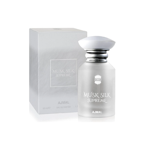 Ajmal Musk Silk Supreme Eau De Parfum bottle with elegant design, suitable for men and women, showcasing the luxurious fragrance.