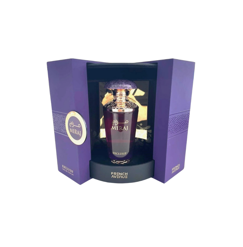 Fragrance World Miraj Exclusif Eau de Parfum for women, 100ml bottle with elegant packaging and floral design.