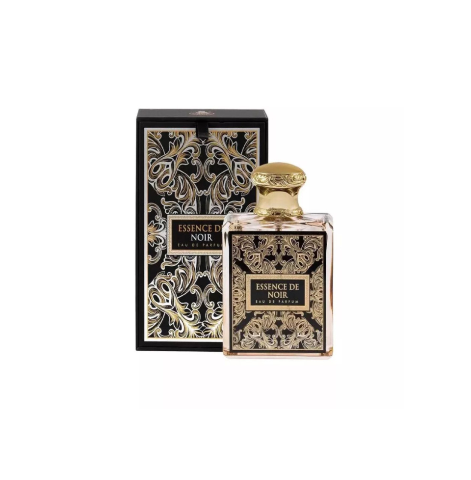 Fragrance World Essence de Noir Eau de Parfum for women, 100ml bottle with elegant black design and floral accents.
