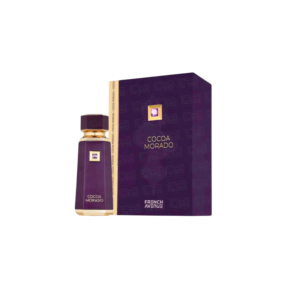 Fragrance World French Avenue Cocoa Morado Eau De Parfum 100ml bottle for men and women with elegant design and dark purple accents.