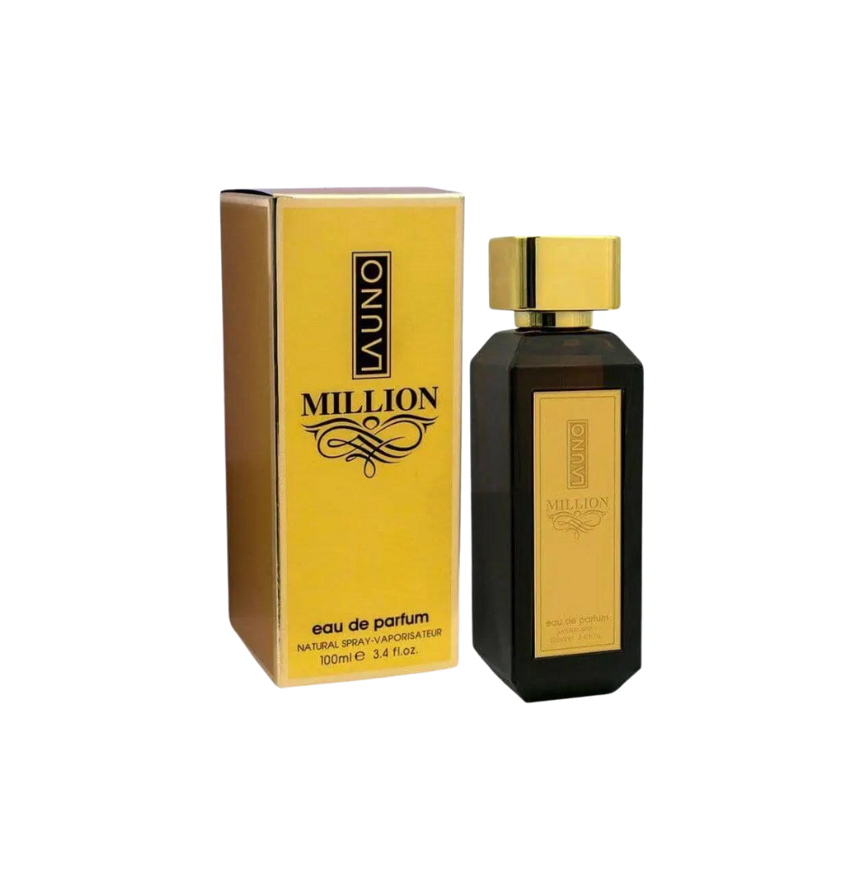 Fragrance World Launo Million Eau de Parfum 100ml for men and women, stylish bottle with gold accents and sleek design.
